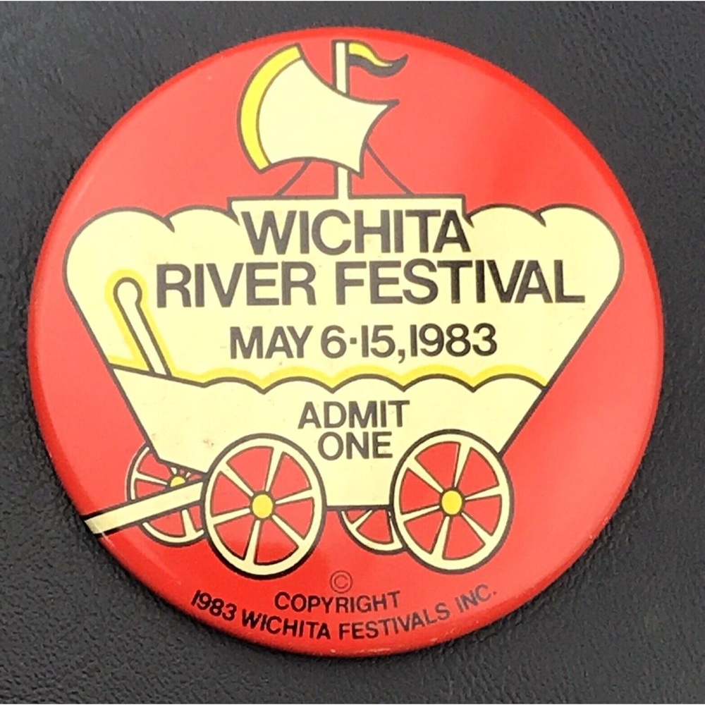Wichita River Festival 1983 Pin Button Pinback Vintage Covered Wagon Admit One